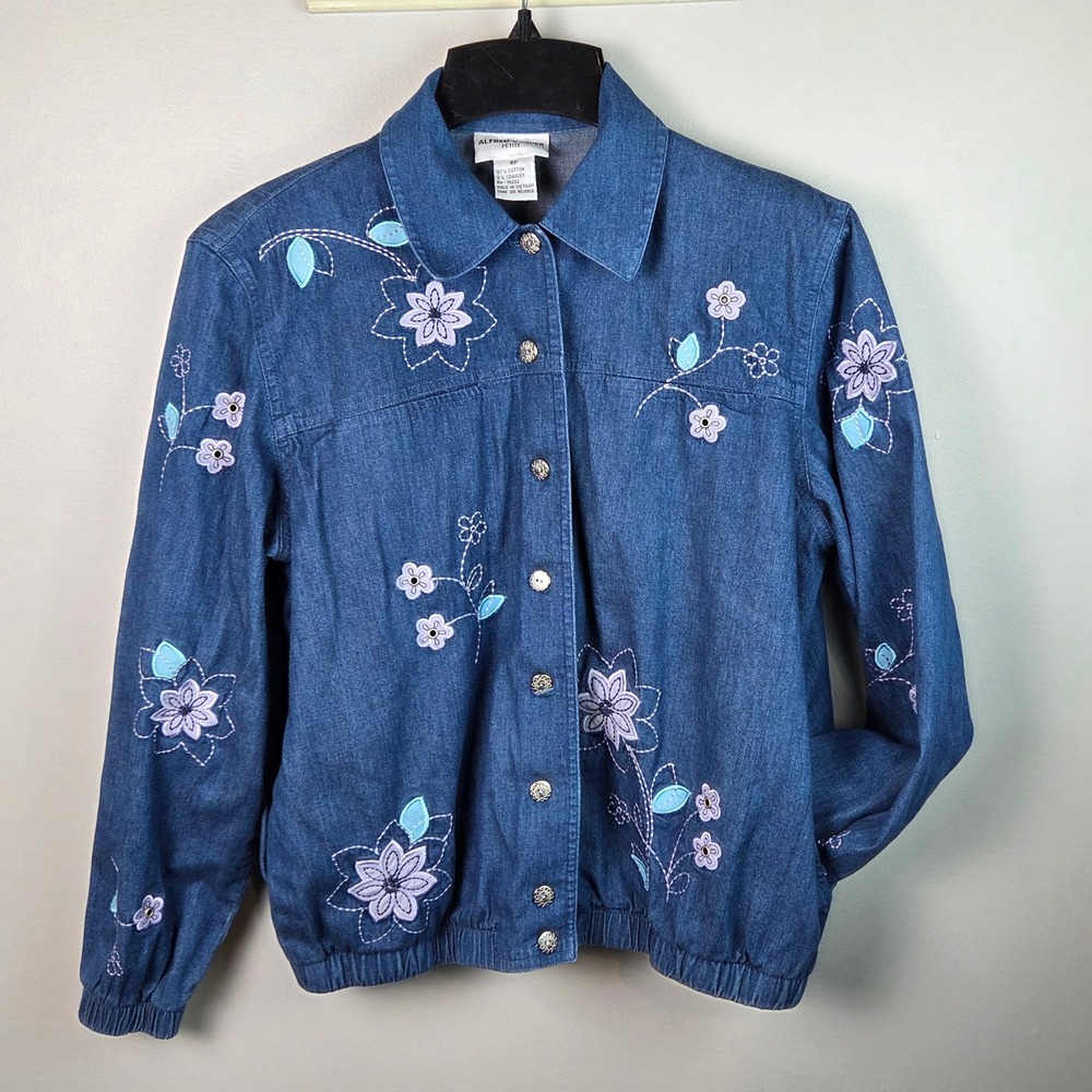 Alfred Dunner Denim Jacket Women 6P Blue Floral Embroidered Petite Coat
